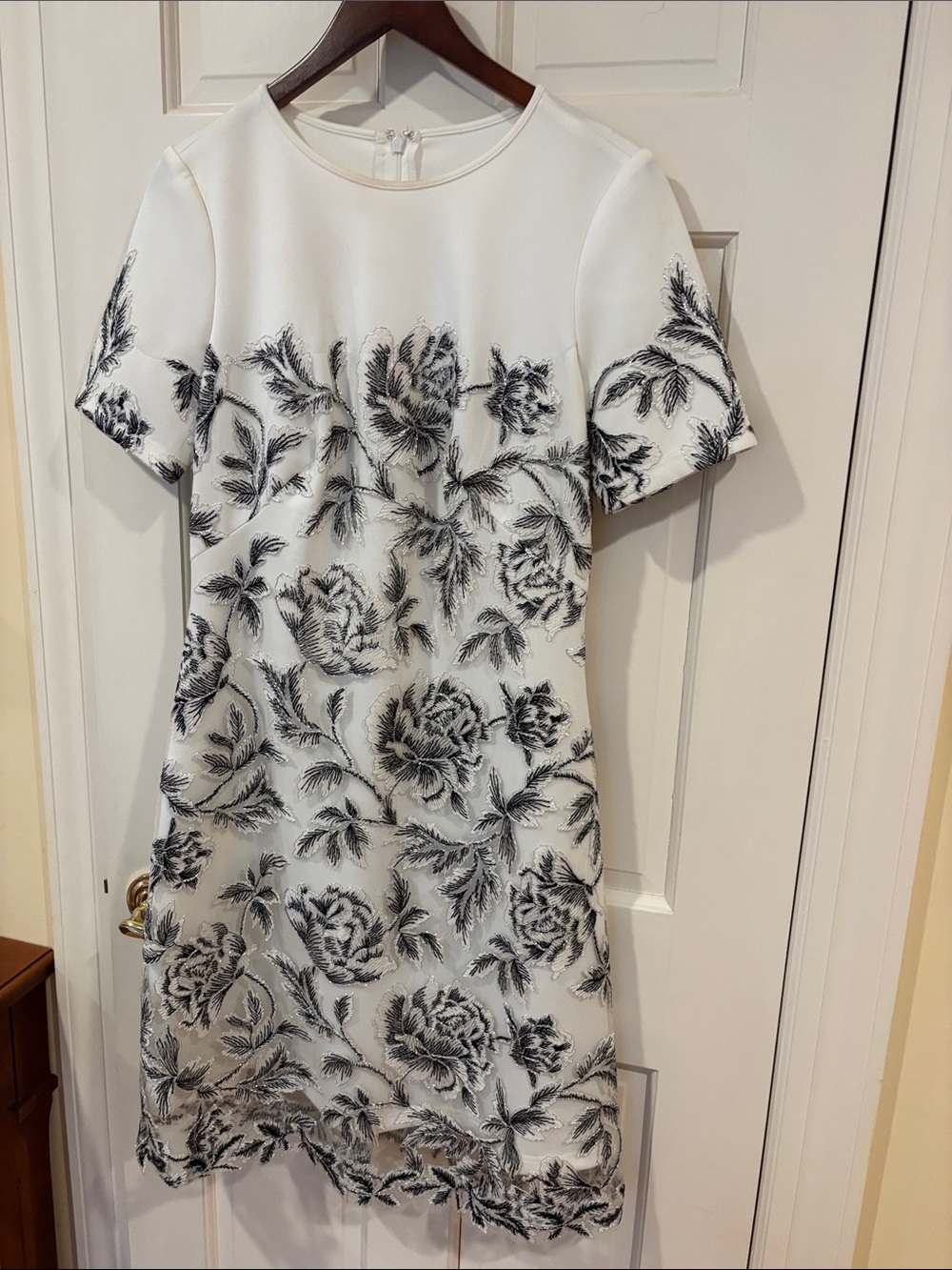 Women’s White Midi Dress with Black Floral Embroidery